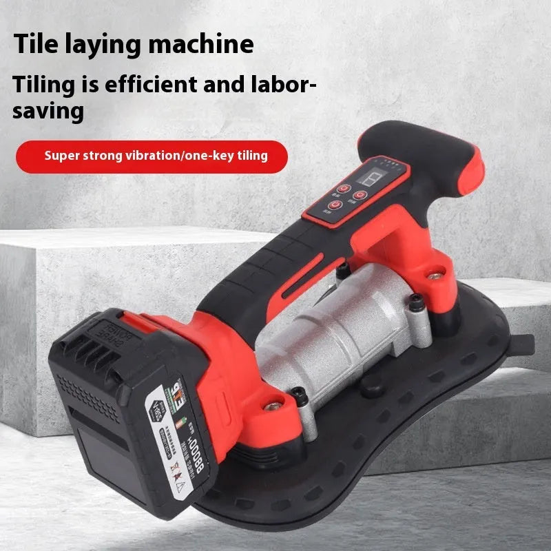 Cordless battery-powered automatic tile laying machine with batteries and charger for floors and walls.