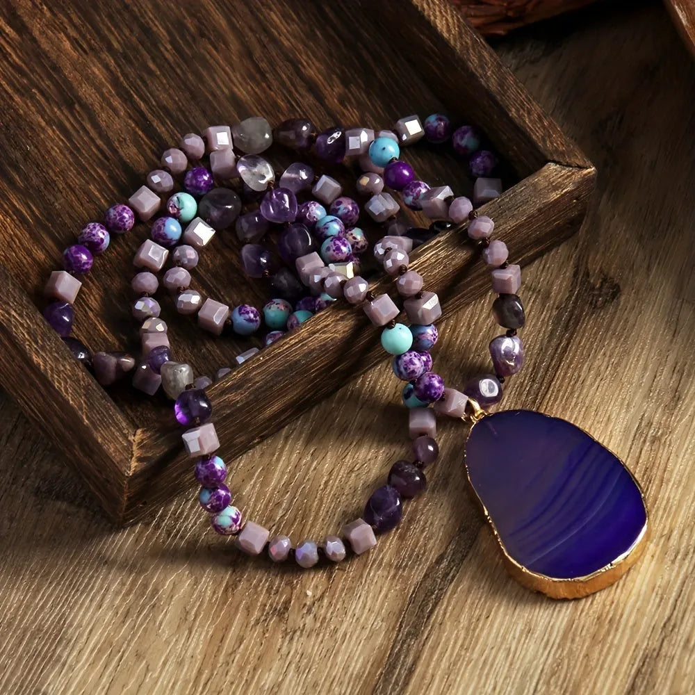 Bohemian 6mm natural stone striped agate water drop pendant necklace, 81cm knotted chain, handmade women's jewellery