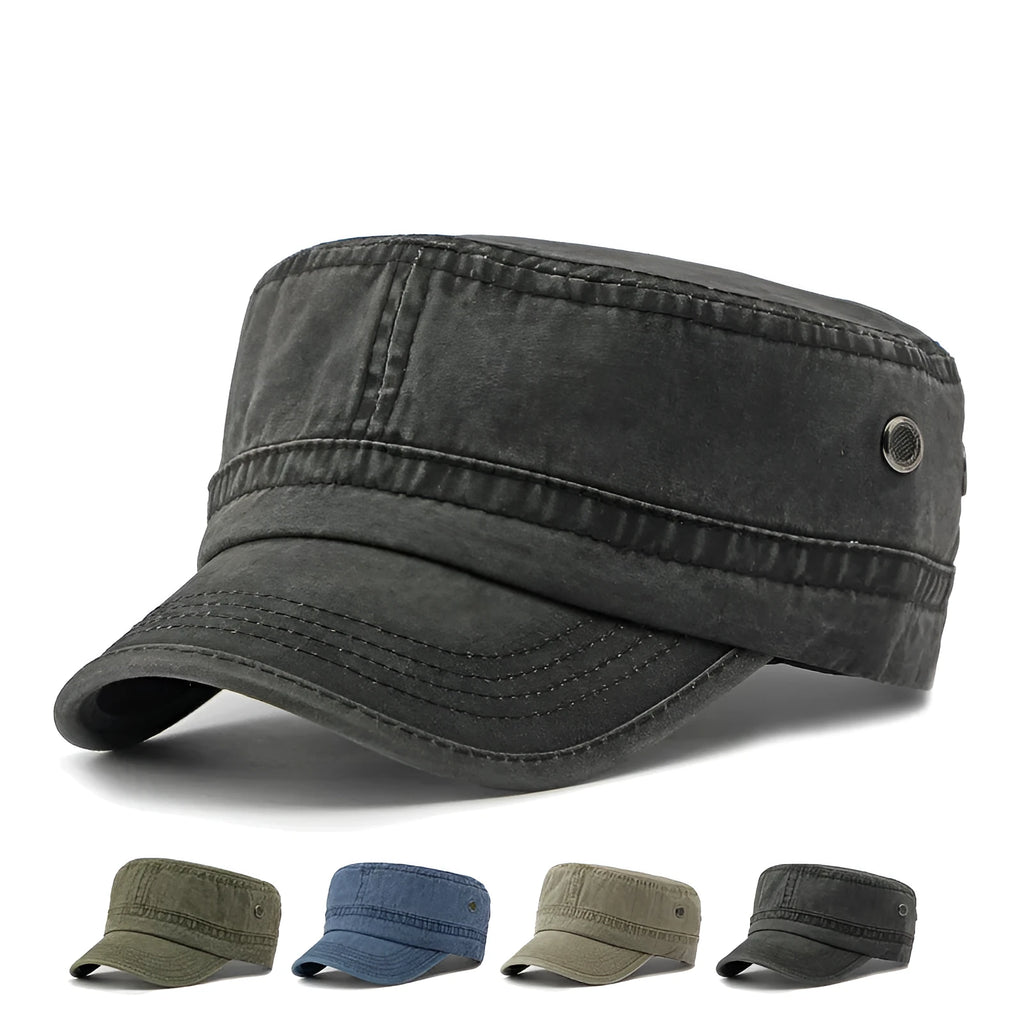 Flat top military cap in cotton fabric with adjustable sizing and sunshade brim