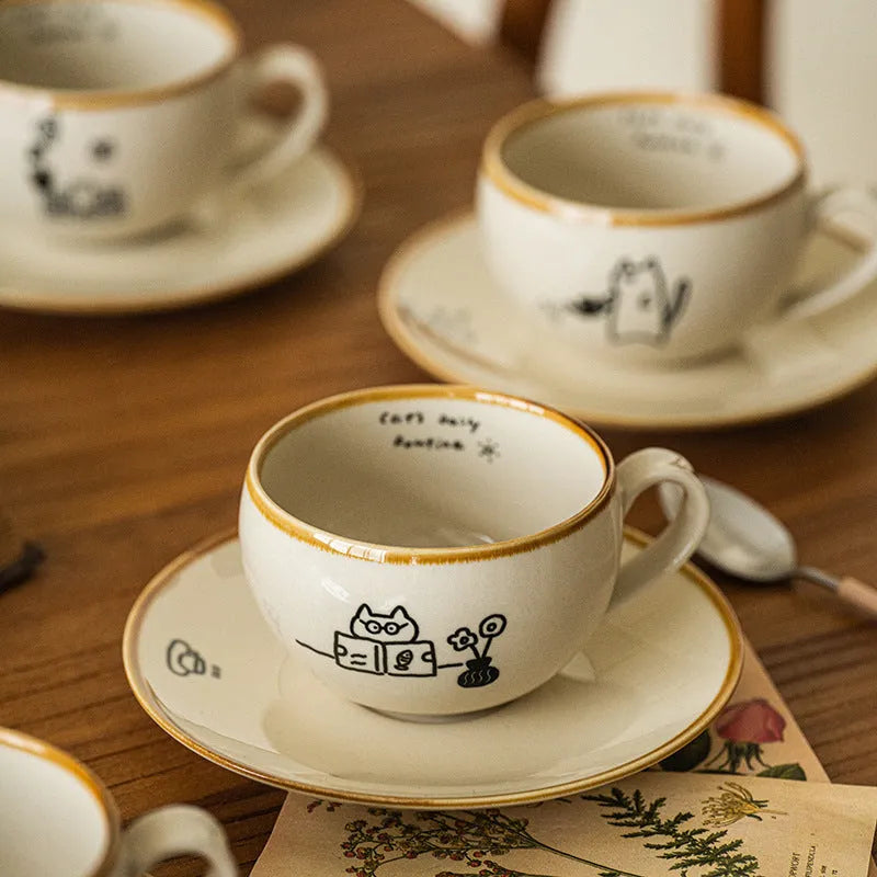 Cute Japanese cat ceramic coffee cup 250ml with healing illustration in Reading design on a table