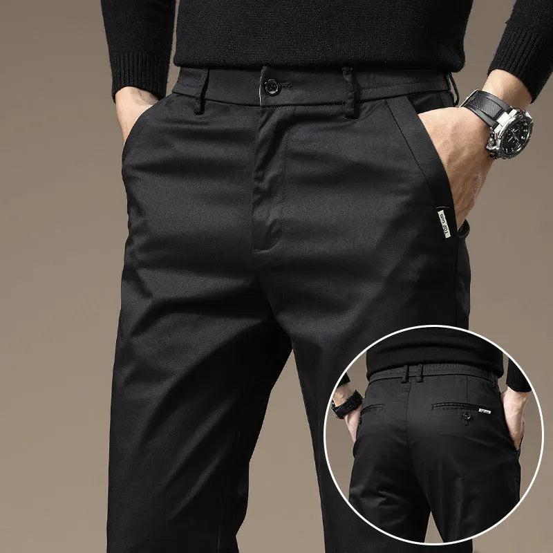 Combed cotton light business casual trousers for men, mid waist, medium elastic, available in black, dark gray, khaki, grass gray, sizes 28 to 36