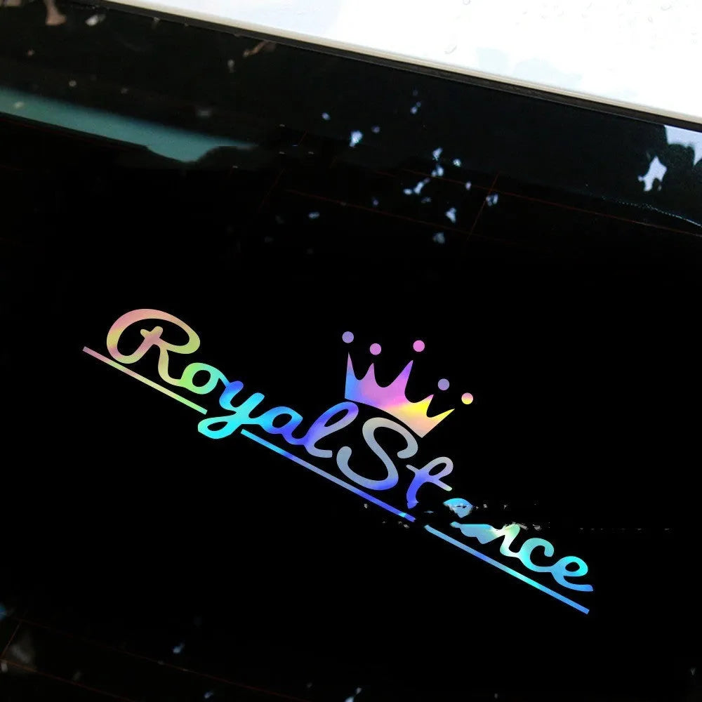 Reflective crown car sticker on vehicle window showing PET vinyl material and waterproof adhesive backing