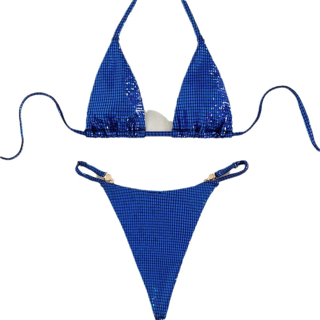 Women's solid colour T-back split bikini swimming costume in polyester fabric