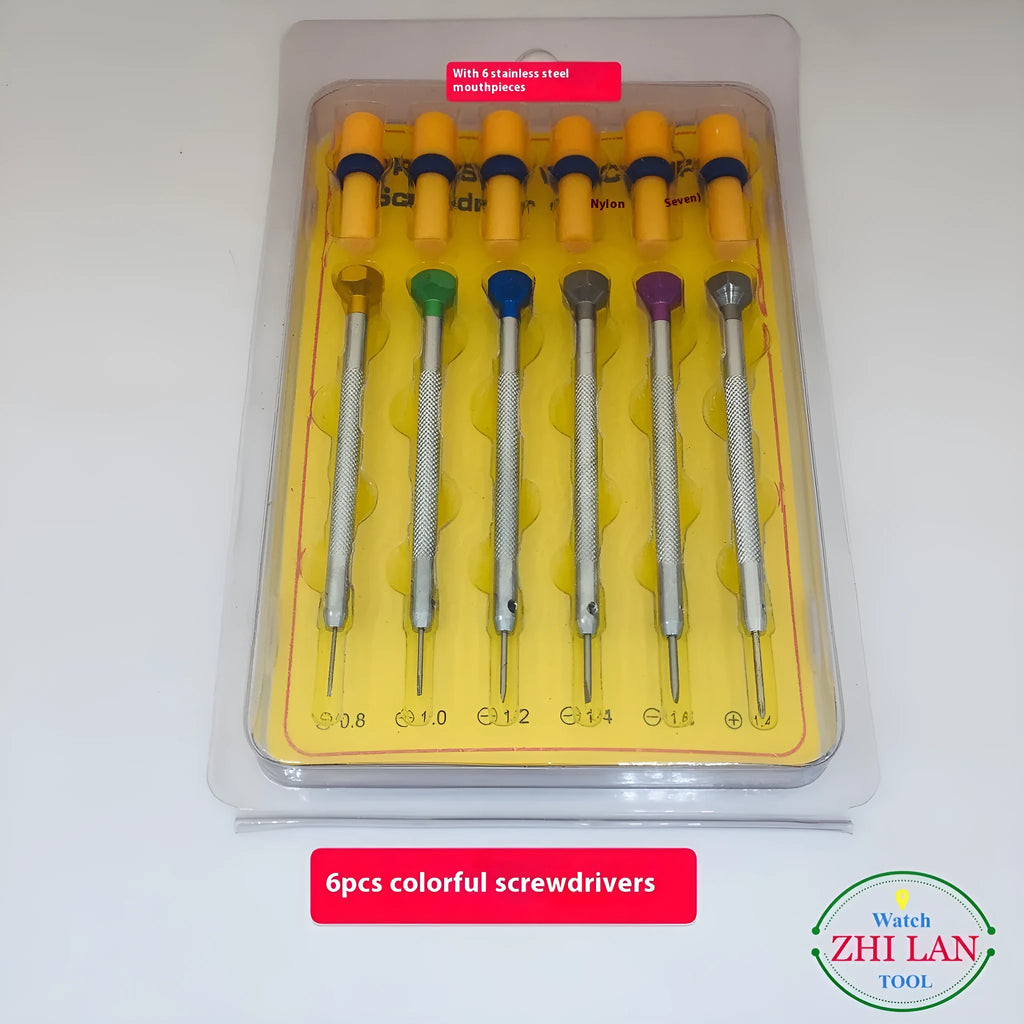 Six watch repair screwdrivers with coloured aluminium handles and copper grips for precision timepiece maintenance