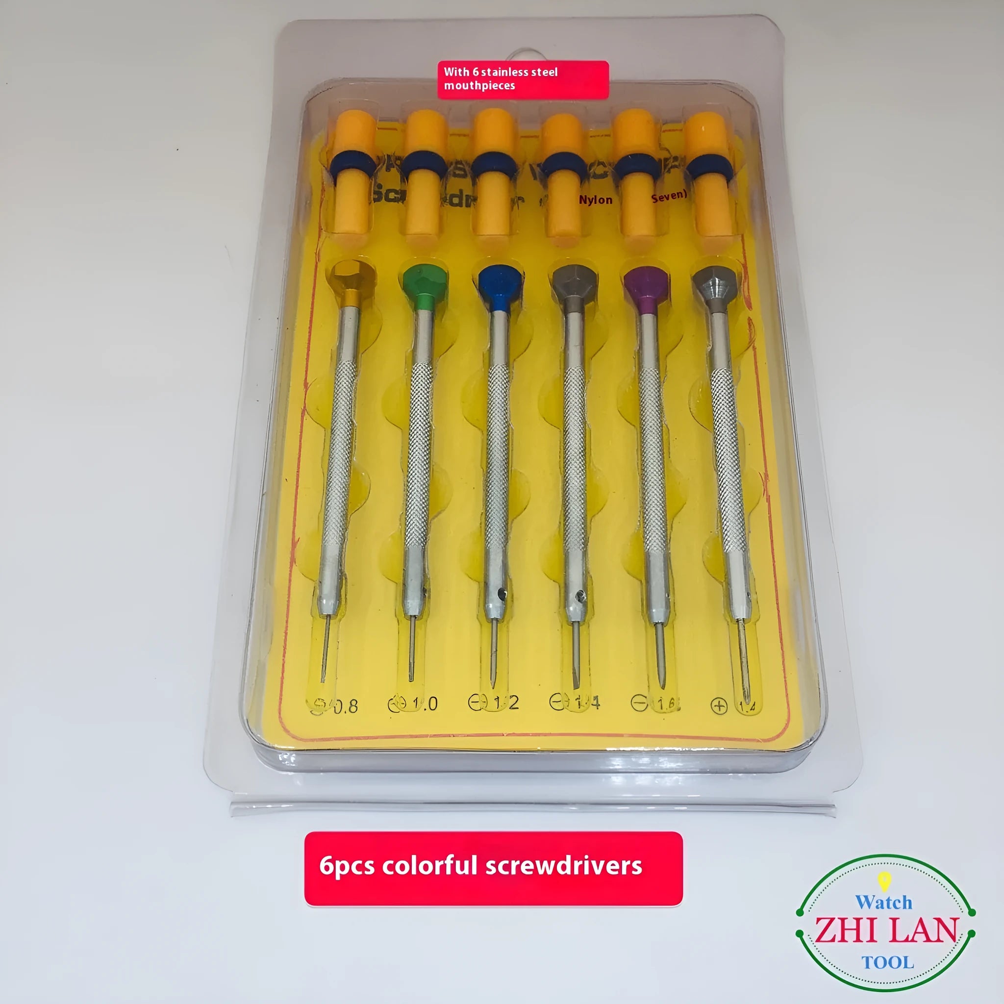 Six watch repair screwdrivers with coloured aluminium handles and copper grips for precision timepiece maintenance
