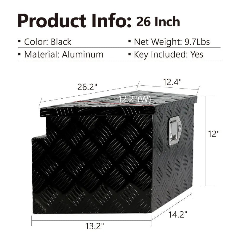 26-inch black aluminium T-casting toolbox with foam-lined interior for tool organisation