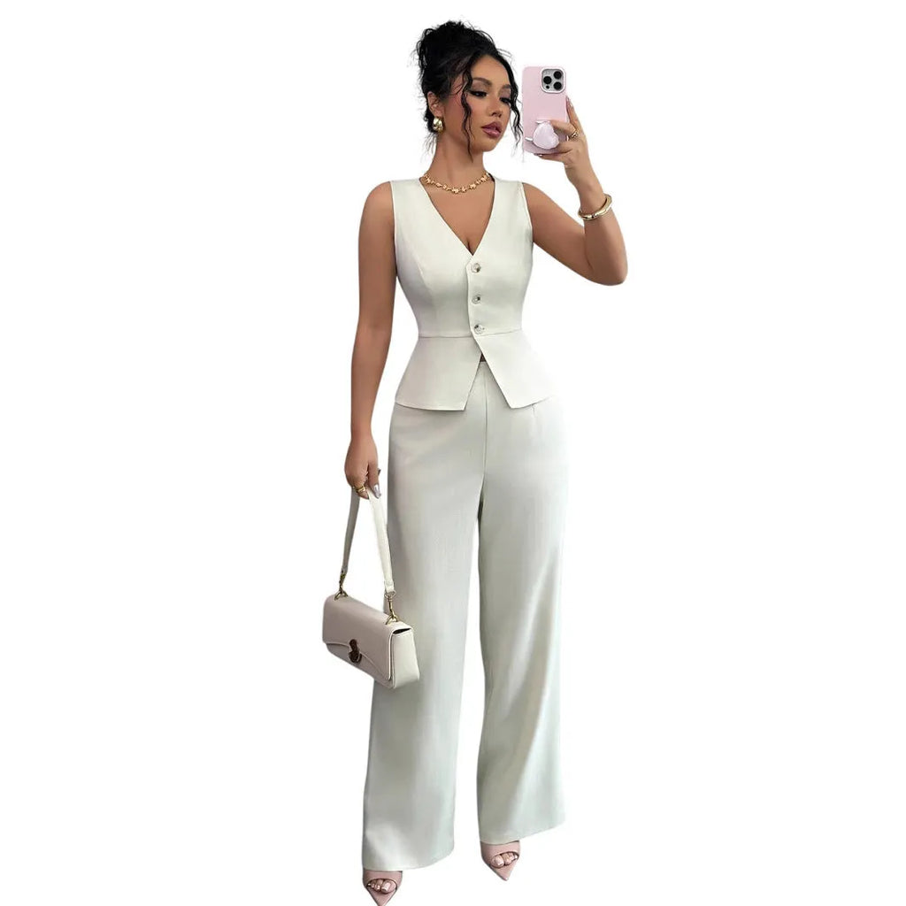 Women's black sleeveless vest and high waist trousers two-piece set on hanger