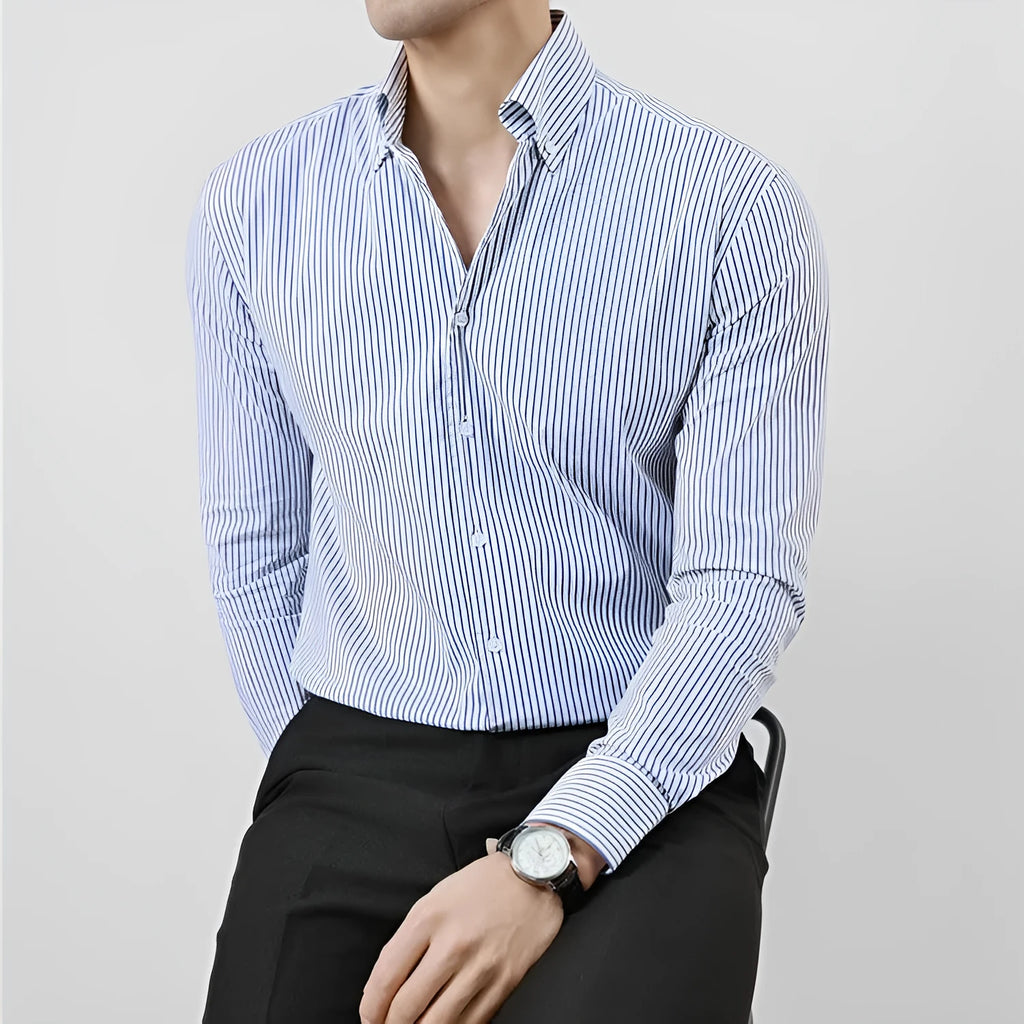 Men's striped V-neck long sleeve shirt, slim fit, stand collar, black or blue, sizes M to 3XL