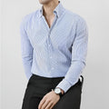 Men's striped V-neck long sleeve shirt, slim fit, stand collar, black or blue, sizes M to 3XL