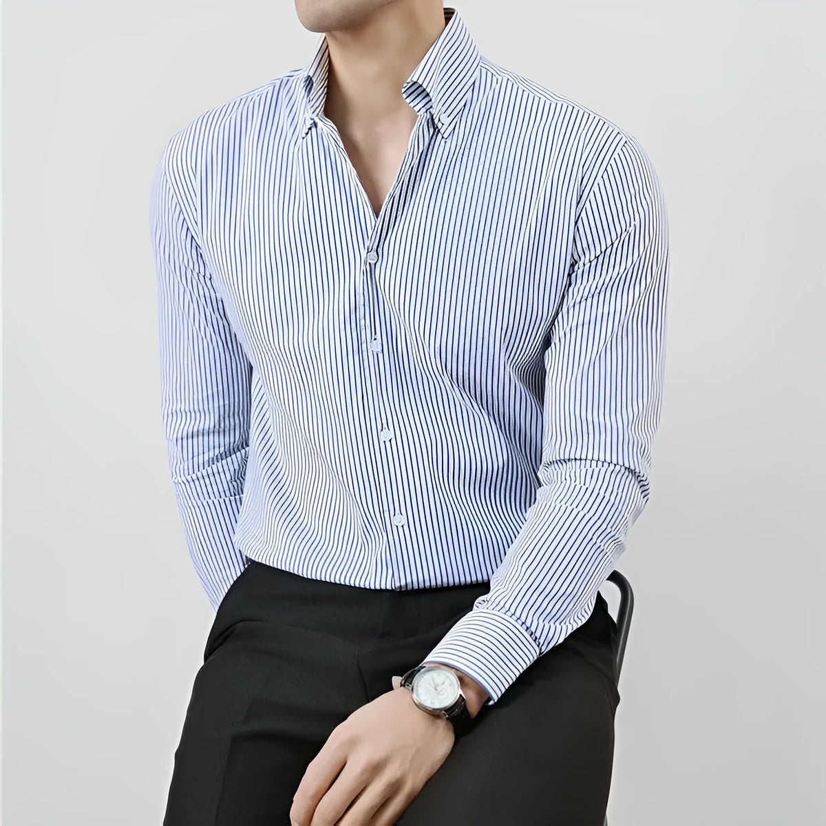 Men's striped V-neck long sleeve shirt, slim fit, stand collar, black or blue, sizes M to 3XL