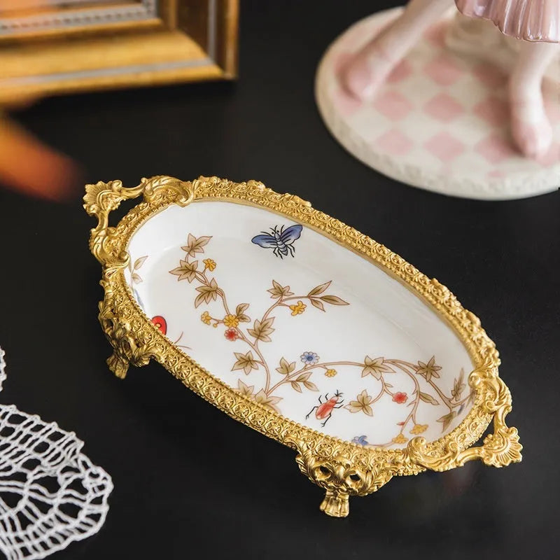 Carved crystal decorative tray, aluminium alloy jewellery storage dish, Versailles style, two colour options