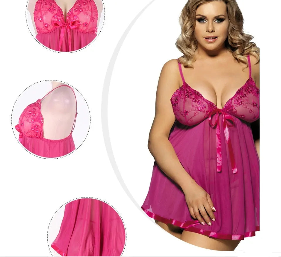 Purple seamless mesh and lace lingerie sleepdress for women, shown on a hanger.