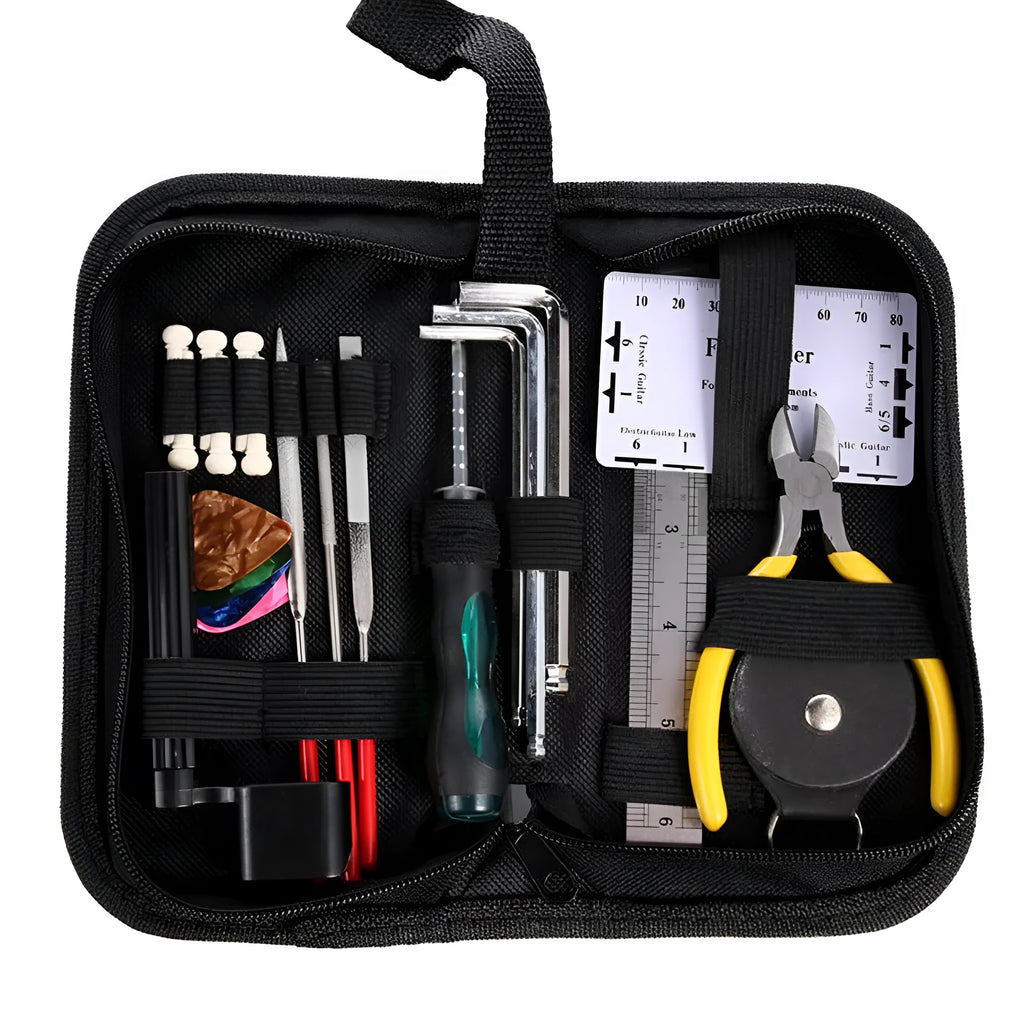 Black plastic guitar repair kit case open to show 16 chrome-plated steel tools including cutters, winders, and screwdrivers.
