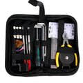 Black plastic guitar repair kit case open to show 16 chrome-plated steel tools including cutters, winders, and screwdrivers.