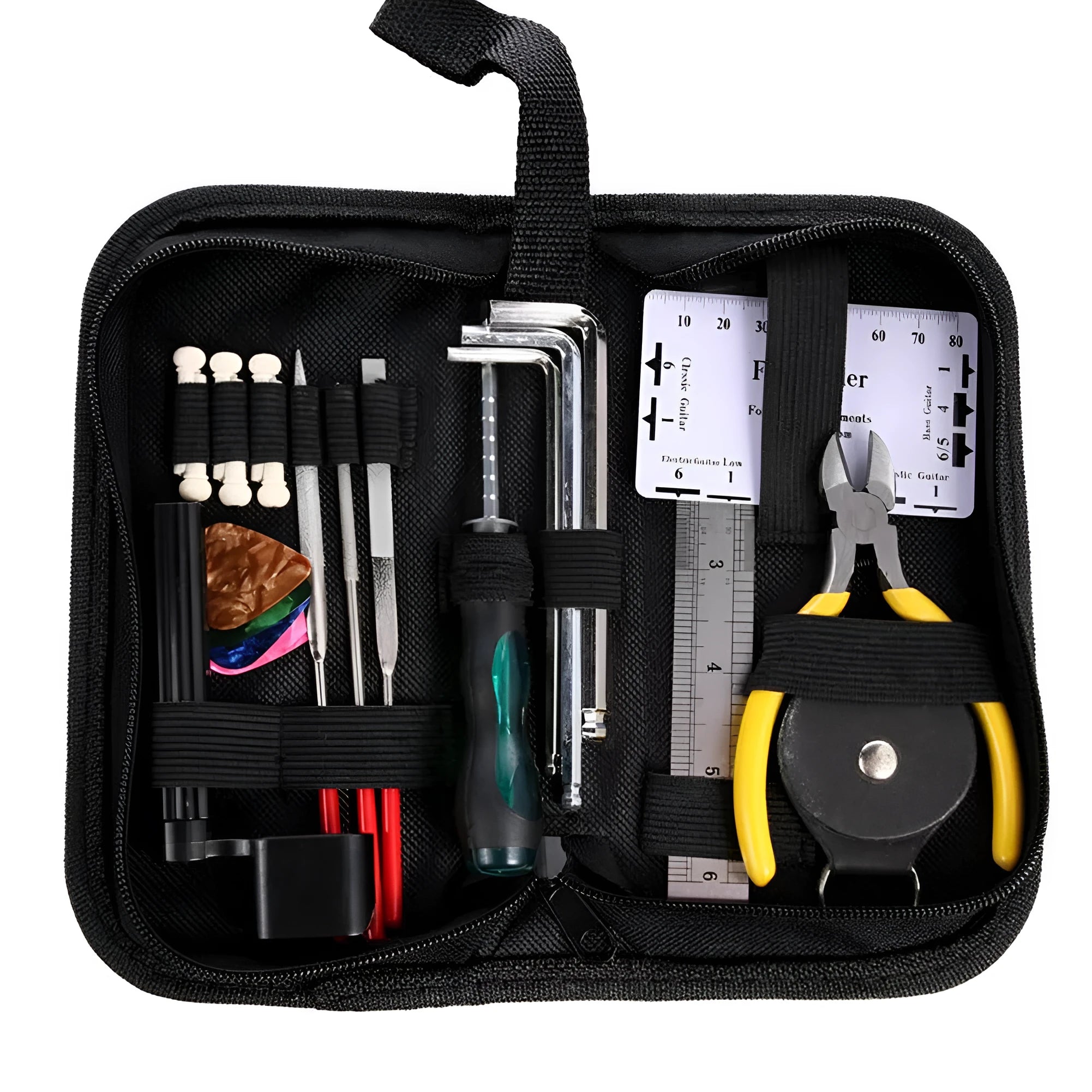 Black plastic guitar repair kit case open to show 16 chrome-plated steel tools including cutters, winders, and screwdrivers.
