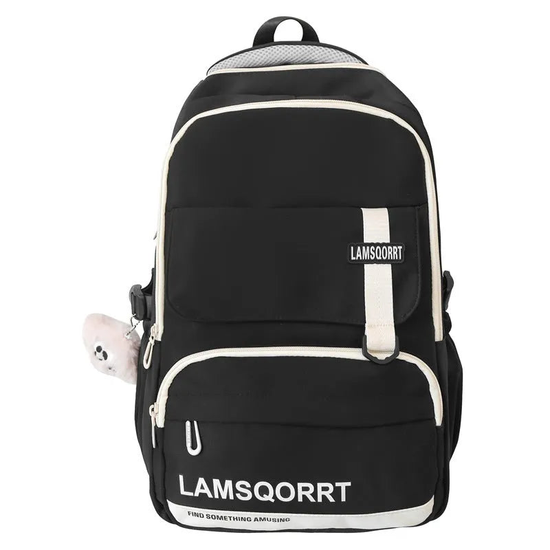 Waterproof nylon high school student backpack in choice of colours, showing pendant and no-pendant styles.