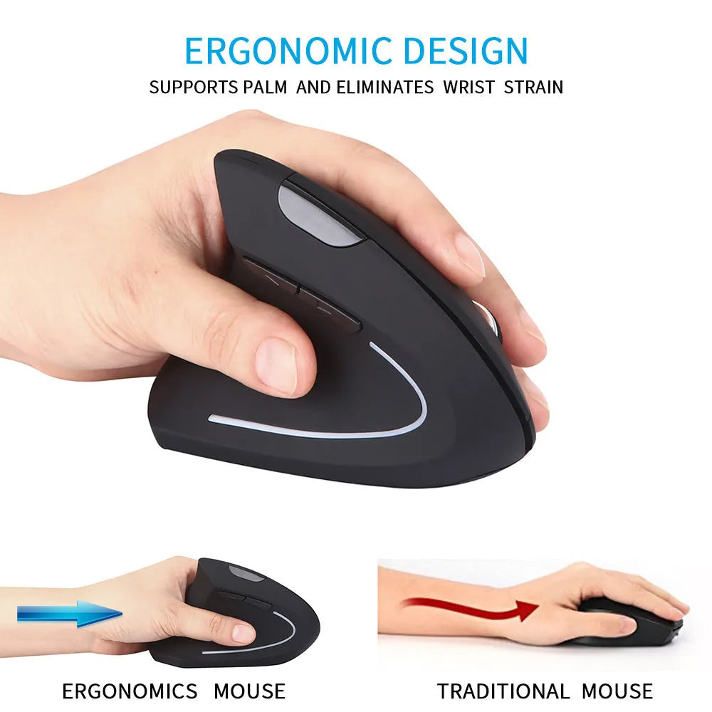 Wireless vertical left hand mouse in black with ergonomic design and thumb buttons