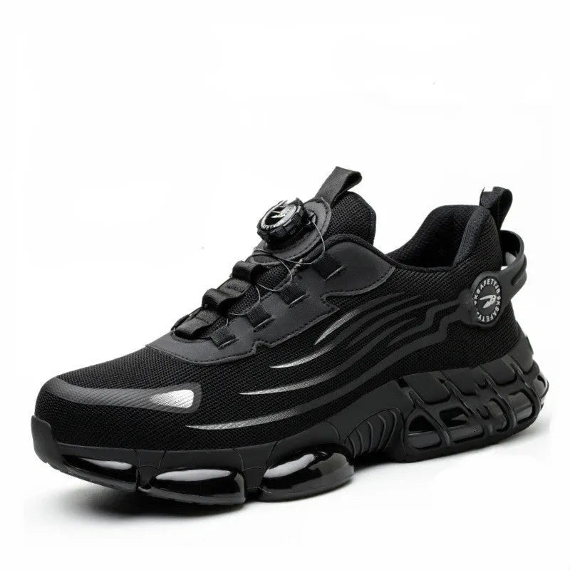 Men's lace-free safety shoes with steel toe cap, fly woven mesh upper and PU sole, in black, blue or grey