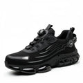 Men's lace-free safety shoes with steel toe cap, fly woven mesh upper and PU sole, in black, blue or grey