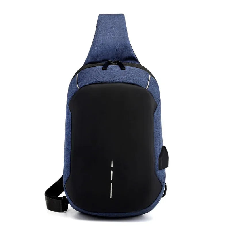 Dark blue Oxford cloth waterproof chest bag with zip and adjustable strap, shown on a person's chest.