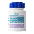 Sealed plastic bottle containing 180 small, round pet probiotic tablets on a plain background.