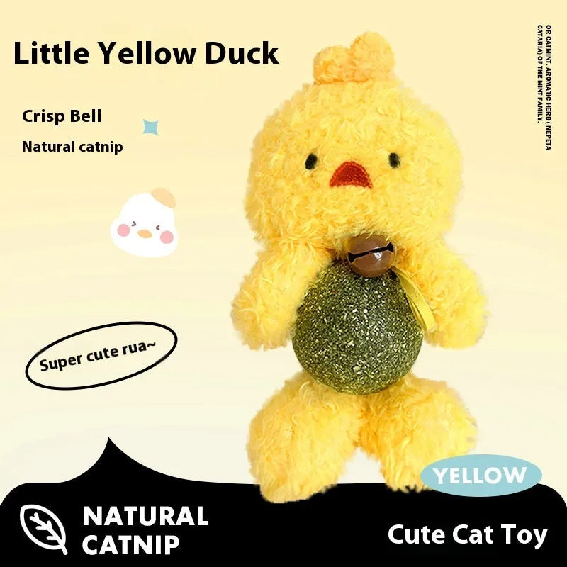 Brown Bear plush cat toy with a green mint ball and a small silver bell attached, shown next to a tape measure indicating 15cm height.