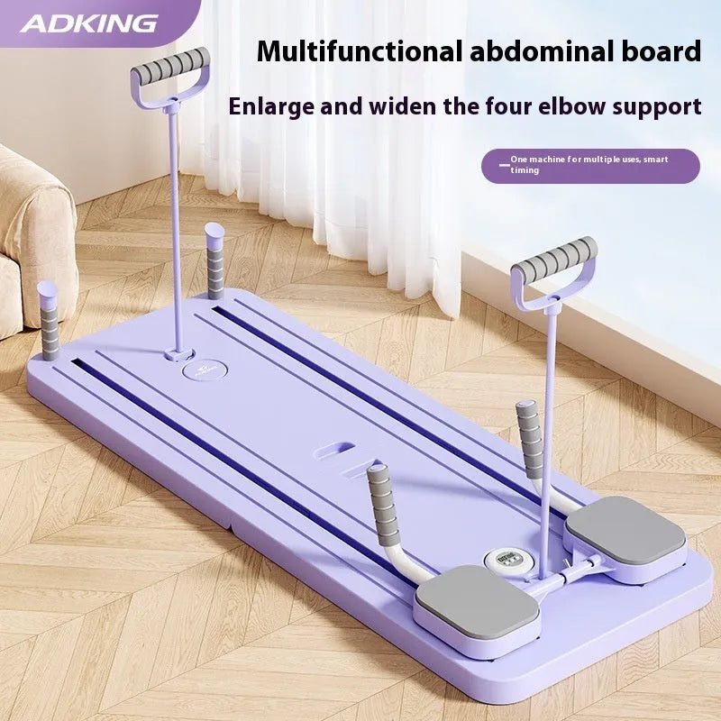 Standard purple PP plastic fitness board with integrated automatic rebound abdominal wheel.