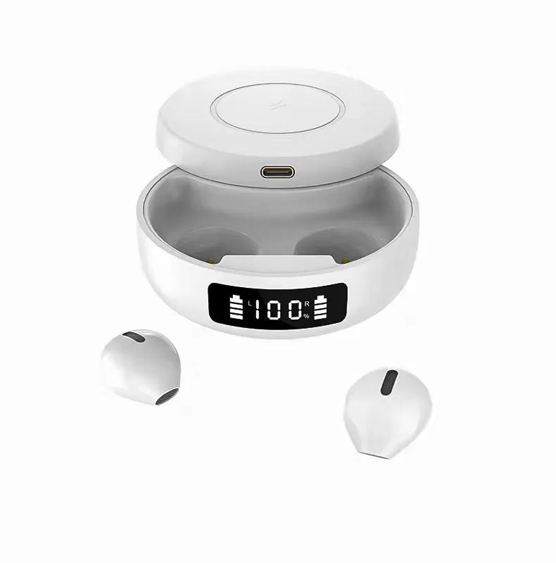 Black wireless semi-in-ear headphones nestled inside a compact white charging case with lid open.