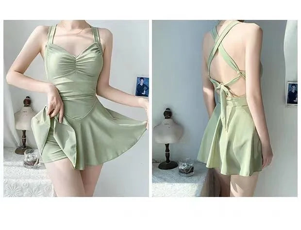 Women's solid colour one-piece swimsuit with backless design in avocado green