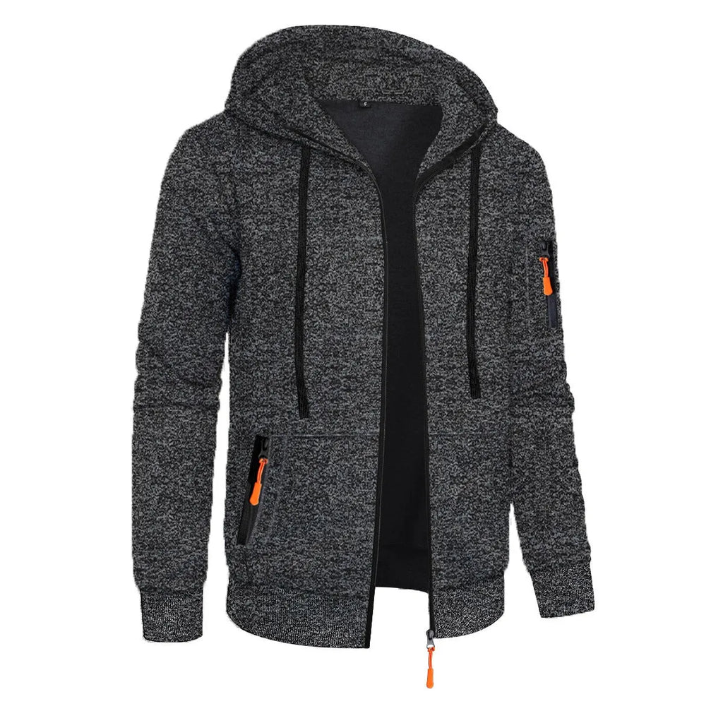 Men's hooded cardigan sweater in polyester jacquard knit, loose fit, long sleeve, solid colour, sizes S to 3XL