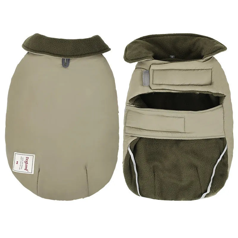 Dog wearing lapel turtleneck cotton-padded vest in khaki green colour