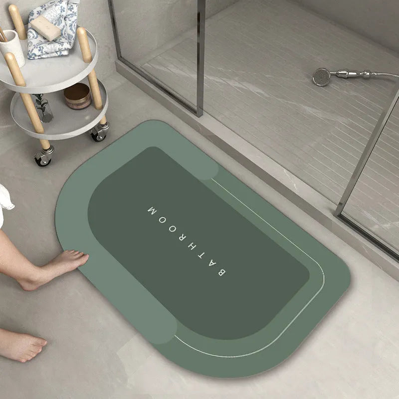 Machine woven bathroom floor mat in blended material showing oval and rectangle shape options