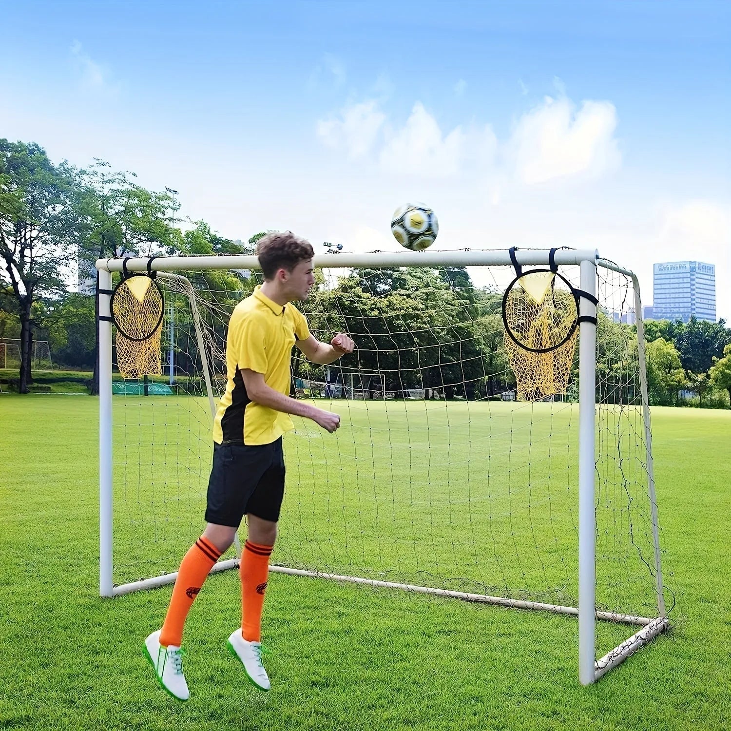 Portable 4-foot wide soccer training goal net in yellow colour for practice sessions