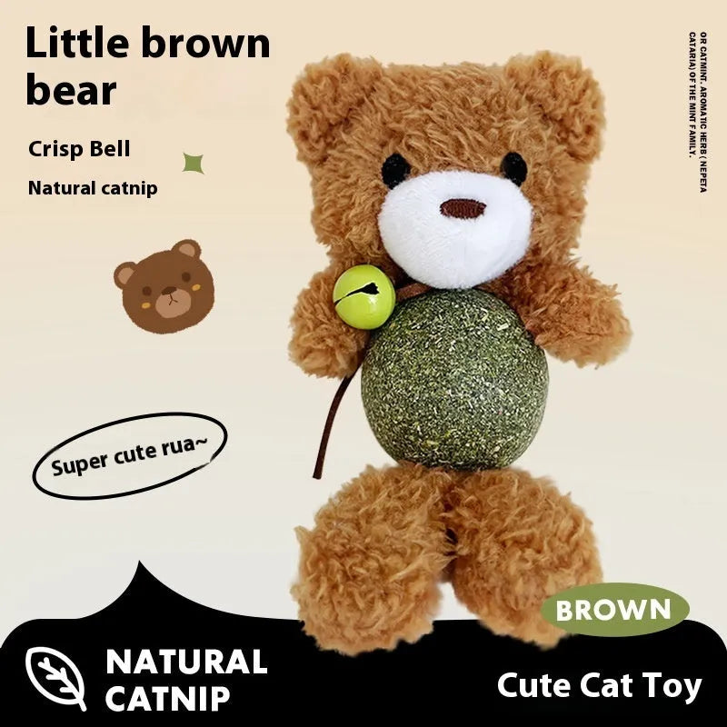 Brown Bear plush cat toy with a green mint ball and a small silver bell attached, shown next to a tape measure indicating 15cm height.