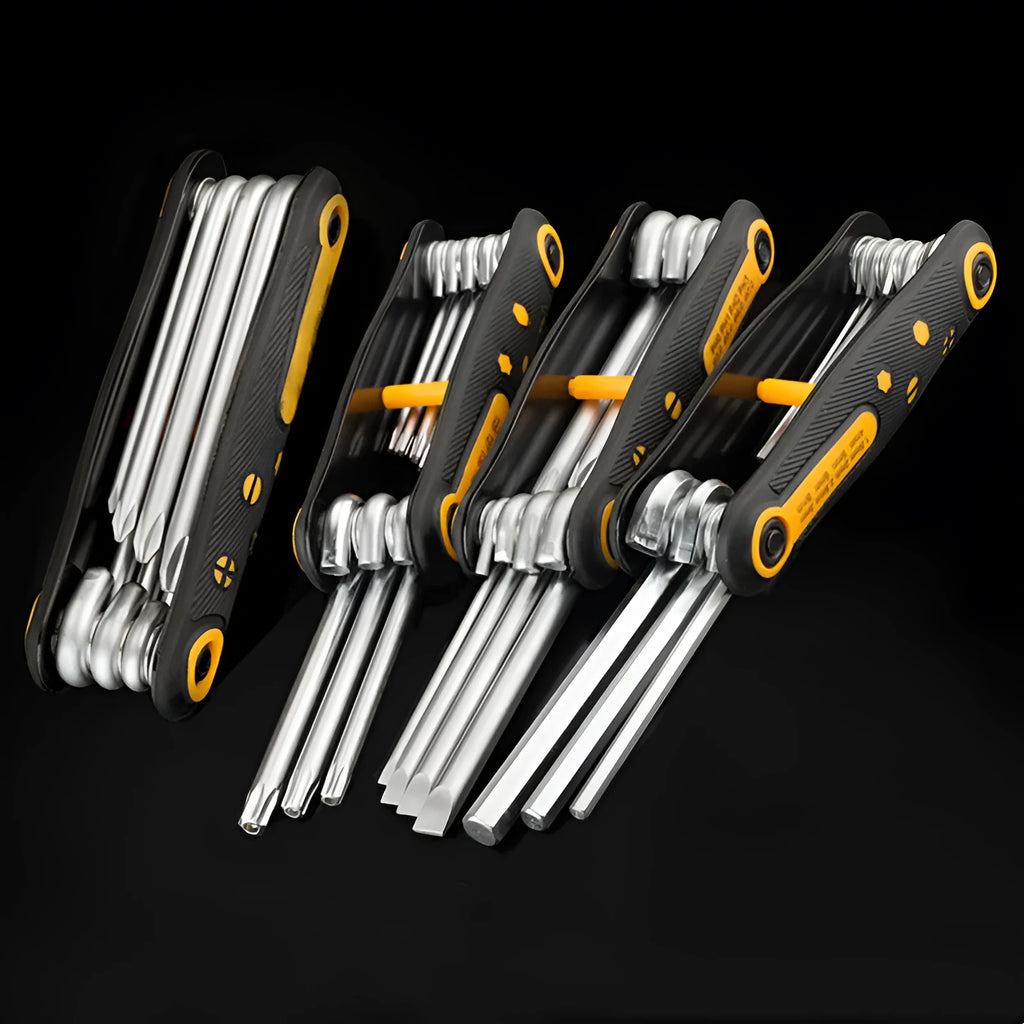 Folding 8-piece metric Allen wrench set in chrome vanadium alloy steel with fold-out hex, cross, and Plum Blossom keys