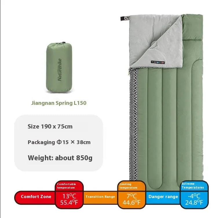 Four seasons portable adult camping sleeping bag with storage bag in swamp colour.