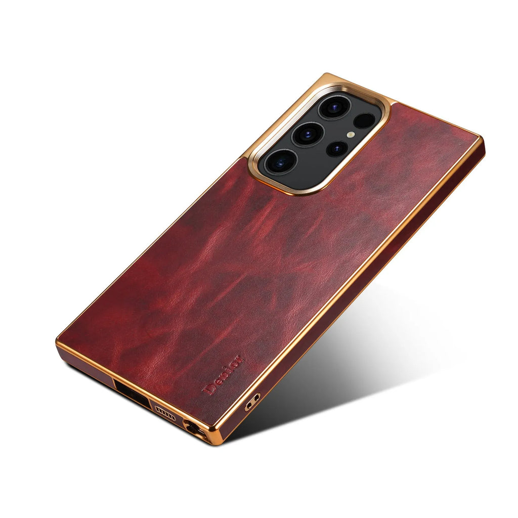 Oil wax calfskin phone case for Samsung Galaxy S23 S24 with animal monster design, available in blue black purple red brown.