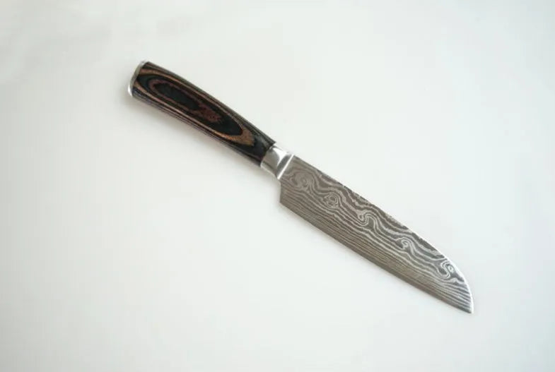 Carpenter's Special kitchen knife with laser Damascus pattern blade and coloured wood handle