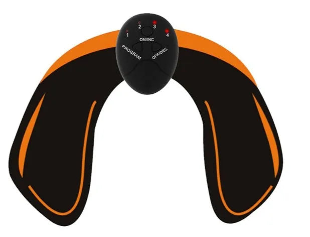 Compact EMS hip muscle training stimulator device with adhesive gel pads for buttocks and abdomen.