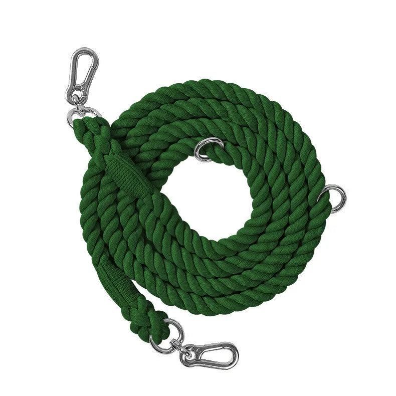 Woven double head dog leash in rainbow colour with gold metal fittings shown at full length