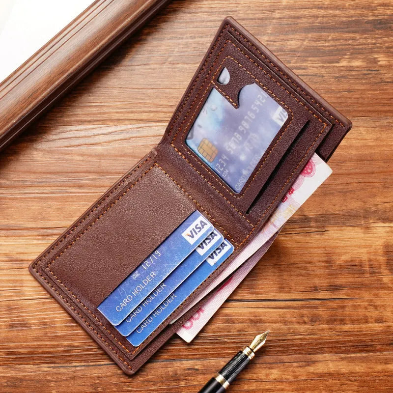 Men's thin black three-fold horizontal PU leather wallet with multiple card slots open.