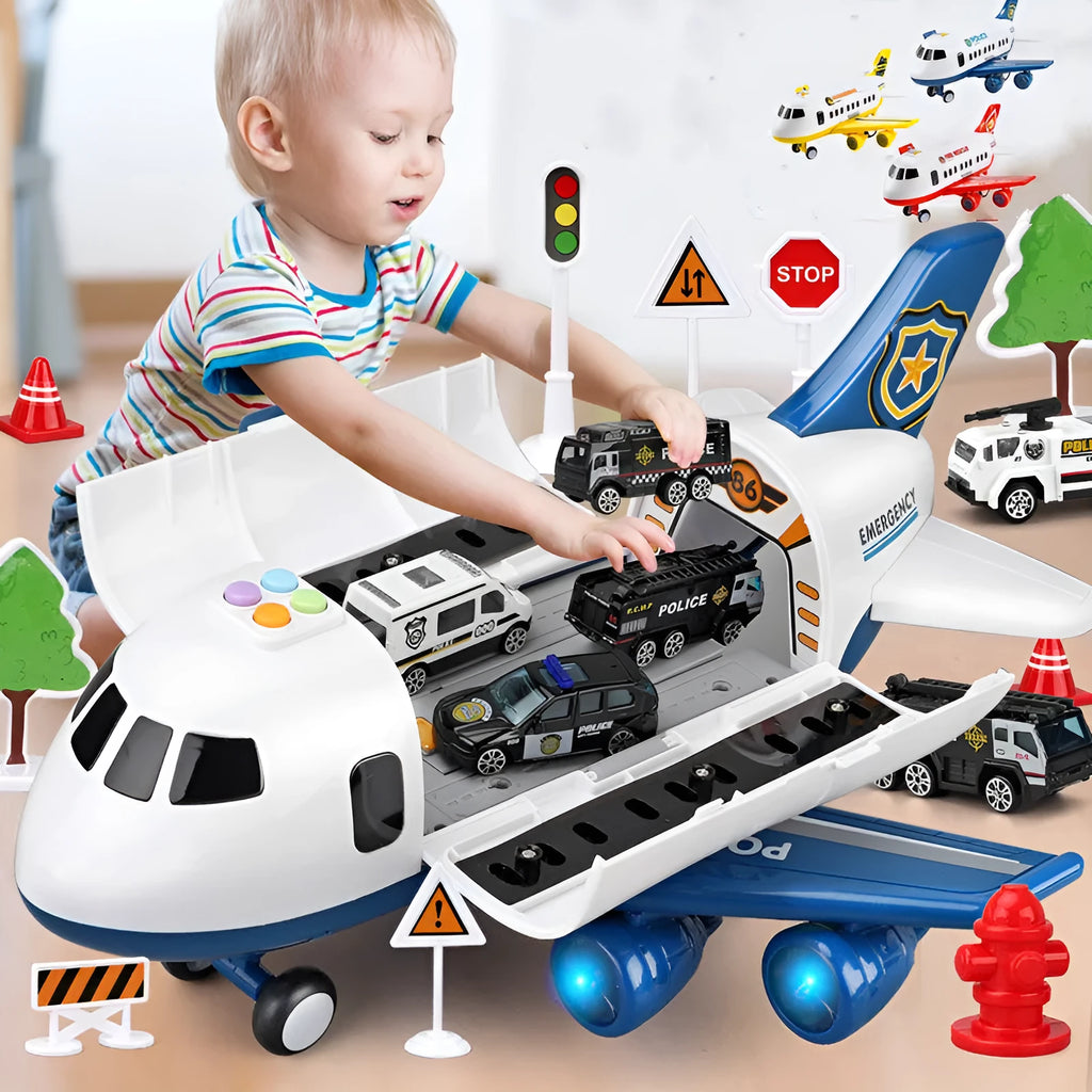 Children's toy plane set with alloy cars and road signs in dark blue light blue yellow and red