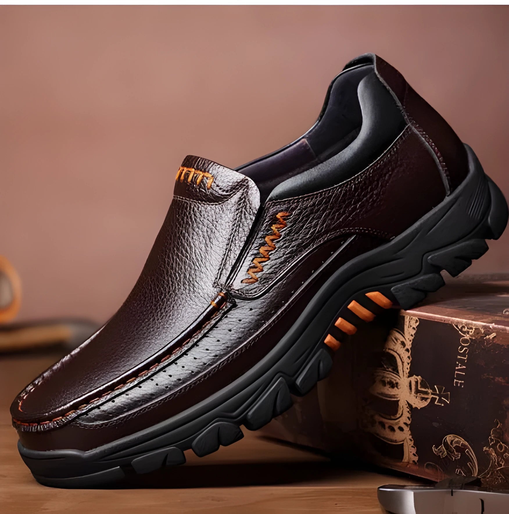 Men's black cowhide leather slip-on business casual shoes with a rubber sole