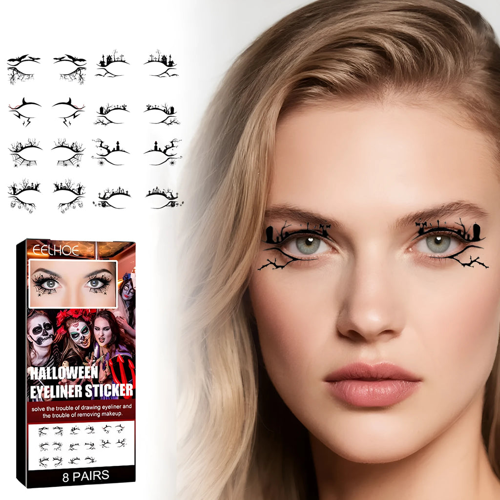 Pack of 8 pairs of bat and spider decorative eyeliner stickers for gothic makeup.