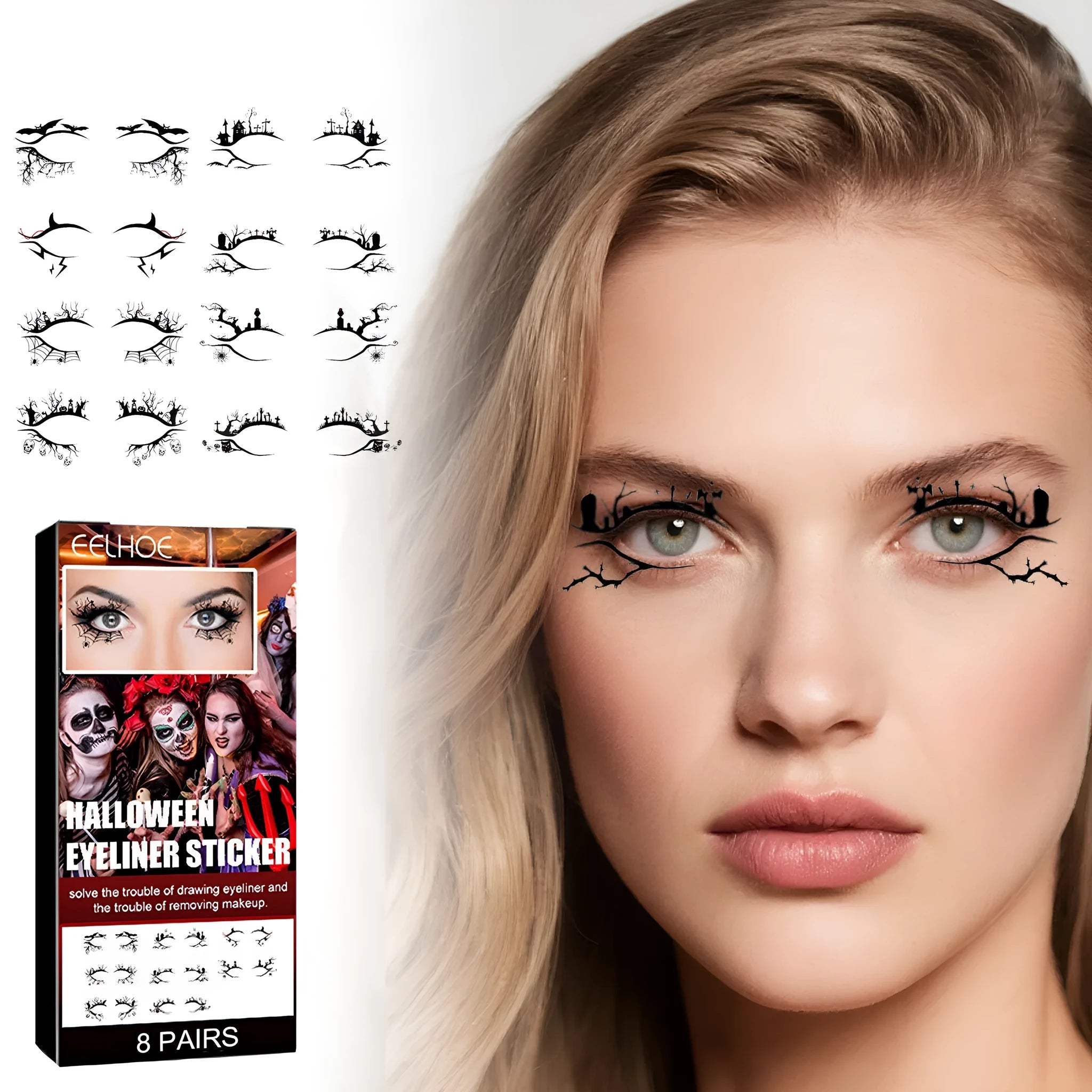Pack of 8 pairs of bat and spider decorative eyeliner stickers for gothic makeup.