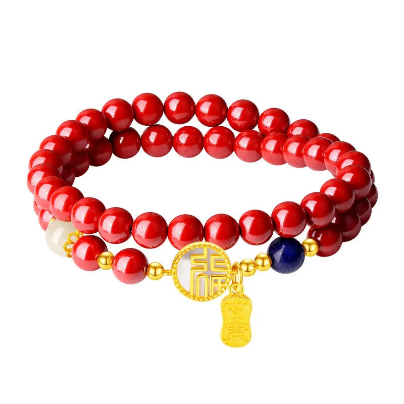 S925 sterling silver bracelet with Chinese blessing charms, cinnabar red and white shell accents on purple gold sandstone.