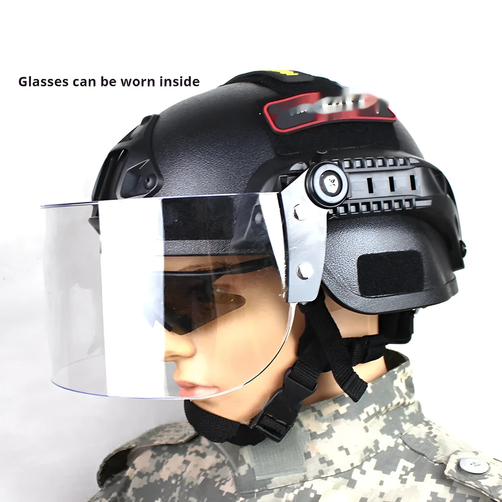 Transparent anti-riot tactical helmet with explosion-proof visor in Army Green colour.