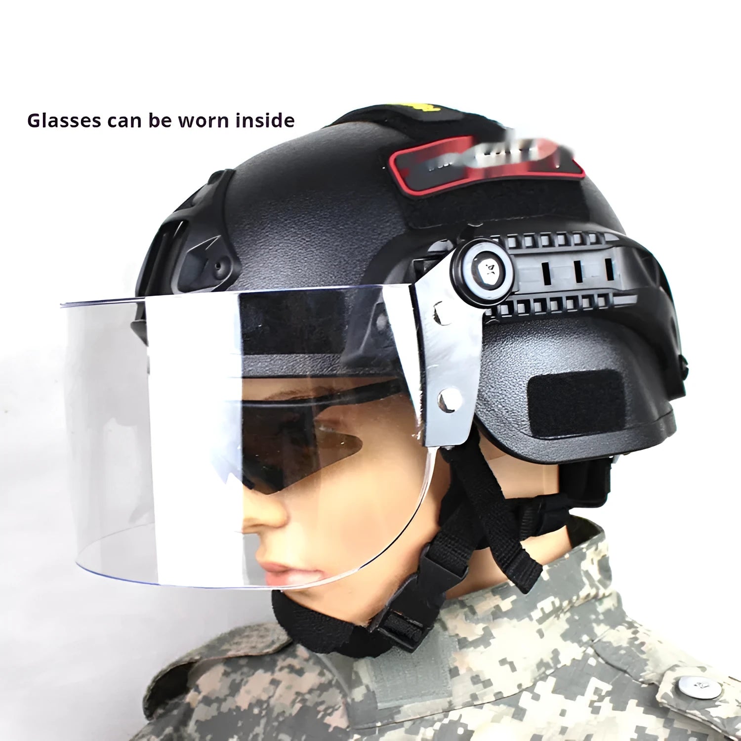 Transparent anti-riot tactical helmet with explosion-proof visor in Army Green colour.