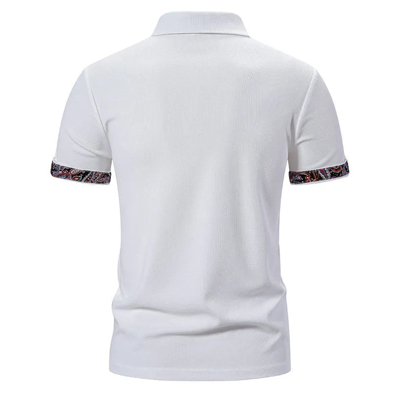 Men's short sleeve polo shirt with a turnover collar and colour stitching detail in a cotton blend fabric.