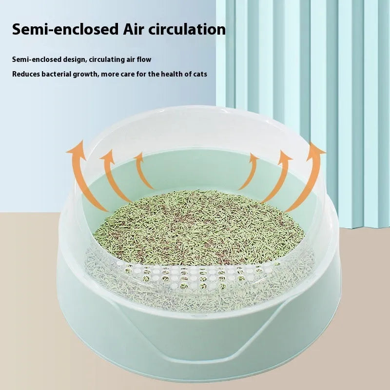 Round plastic cat litter box with deodorant features in mint green and pink colour options